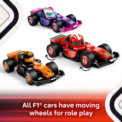 Children racing LEGO F1 cars on a floor track encouraging creative play
