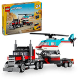 LEGO flatbed truck front view showing LEGO branding and movable trailer for play