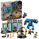 LEGO Iron Man’s Laboratory front view showing pods and MK3 mech for display — LEGO brand benefit: impressive centerpiece