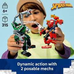 Close-up of Spider-Man mech cockpit and stud shooters, LEGO brand shows action features