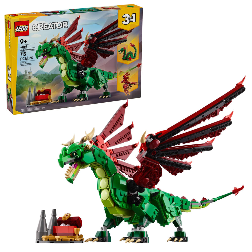 LEGO medieval dragon front packaging showcasing set pieces and age recommendation