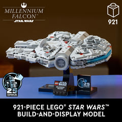 LEGO Millennium Falcon mounted on angled display stand for dynamic presentation