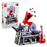 LEGO Olivia Rodrigo front view of touring-case display showing merch pieces and organized design benefit