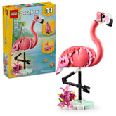 LEGO pink flamingo front view showing poseable legs and decorative base benefit display