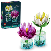 LEGO water lilies front view showing both assembled flowers and vases for display