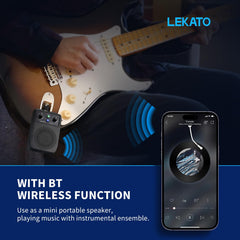 LEKATO mini amp side profile highlighting compact build, portability benefit