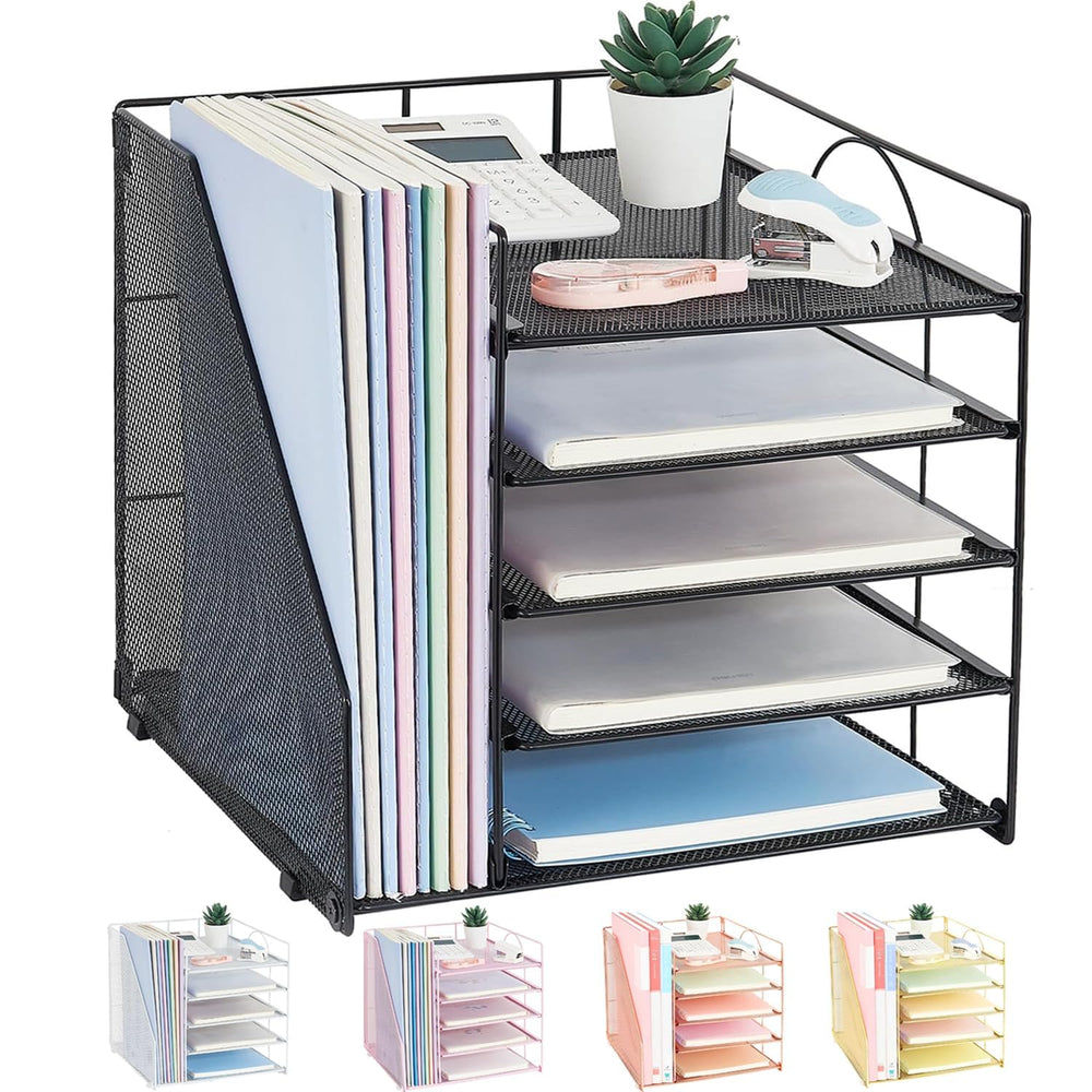 LEKETREE front view of 5-tier organizer showing neat stacked trays and black finish benefits tidy desk