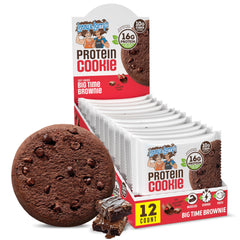 Lenny & Larry's front packaging showing 12-pack and brownie image, highlights convenience