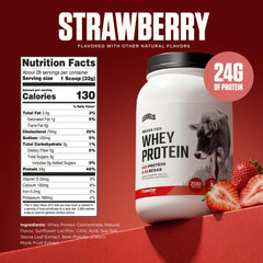 Levels Nutrition scoop of strawberry whey displaying 24g protein per scoop benefit
