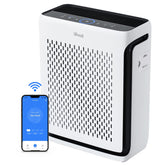 Levoit front view showing sleek purifier and airflow benefits