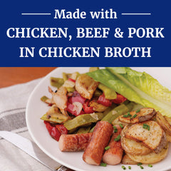 Libby's open can top view showing sausages in broth for instant ready-to-eat benefit