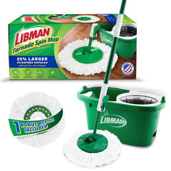 LIBMAN COMMERCIAL front view of Tornado spin mop and bucket showing compact storage and convenience