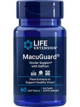 Life Extension MacuGuard front bottle view showing supplement branding and benefits