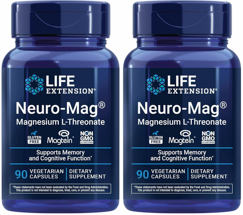 Life Extension Neuro‑mag front packaging showing two bottles and product benefit