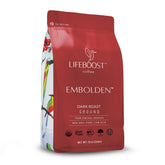 LIFEBOOST front packaging showing dark roast label and organic badge for confidence