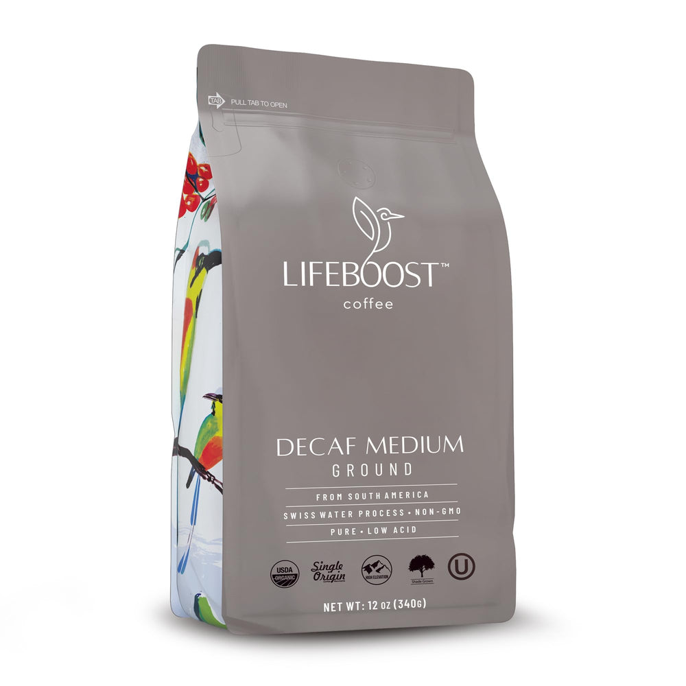 Lifeboost front bag showing organic decaf branding and benefits