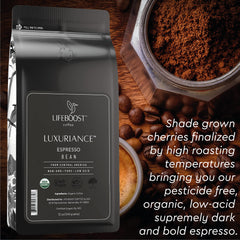 Lifeboost close-up of whole espresso beans highlighting rich roast and texture benefit