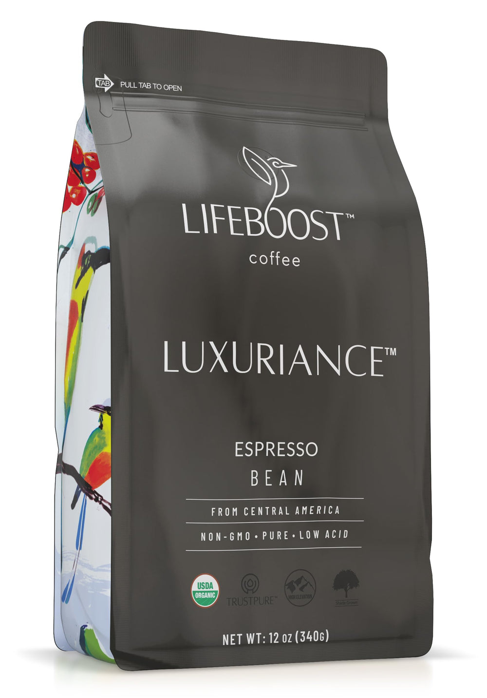 Lifeboost front packaging showing 12oz bag and organic labels, clear product benefit