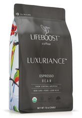 Lifeboost front packaging showing 12oz bag and organic labels, clear product benefit