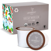 Lifeboost front box of 10 K-Cups showcasing organic low-acid decaf benefits