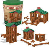 Lincoln Logs tin front packaging shows anniversary design and storage benefit