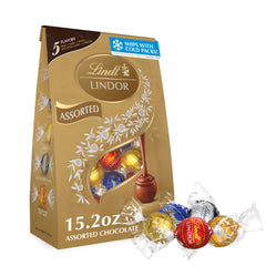 Lindt LINDOR front packaging showing assorted truffle bag, premium gifting appeal