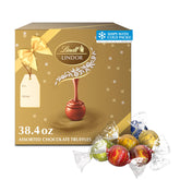 Lindt LINDOR gift box front view showing elegant packaging and variety benefit