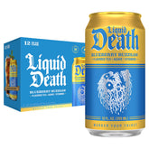 Liquid Death front can showing Blueberry Buzzsaw branding and bold design benefits flavor