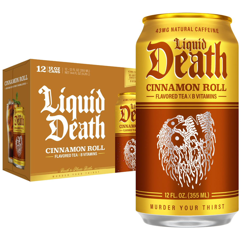 Liquid Death front can showing cinnamon roll flavor and low sugar benefit