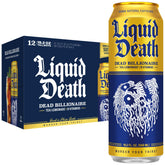Liquid Death Dead Billionaire front can showing branding and bold design, great for shelf appeal