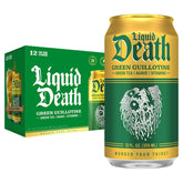 Liquid Death front packaging showing green-tea can and bold branding, highlights low sugar benefit