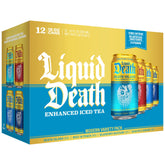 Liquid Death front packaging showing variety pack and bold branding benefits