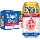 Liquid Death front can view showing Pop-Tarts Carnage flavor and lower sugar benefit