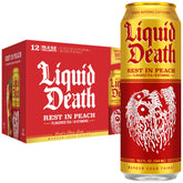 Liquid Death can front view showing Rest In Peach label and bold tea flavor