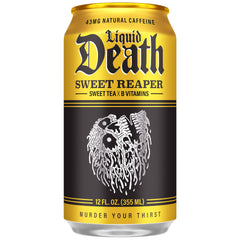 Liquid Death pouring Sweet Reaper into glass for refreshing tea enjoyment