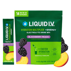 Liquid I.V. front packaging showing BlackBerry Peach 14-count for fast hydration