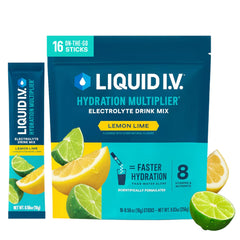 Liquid I.V. front pack shows Lemon Lime packets and serves benefit quick hydration