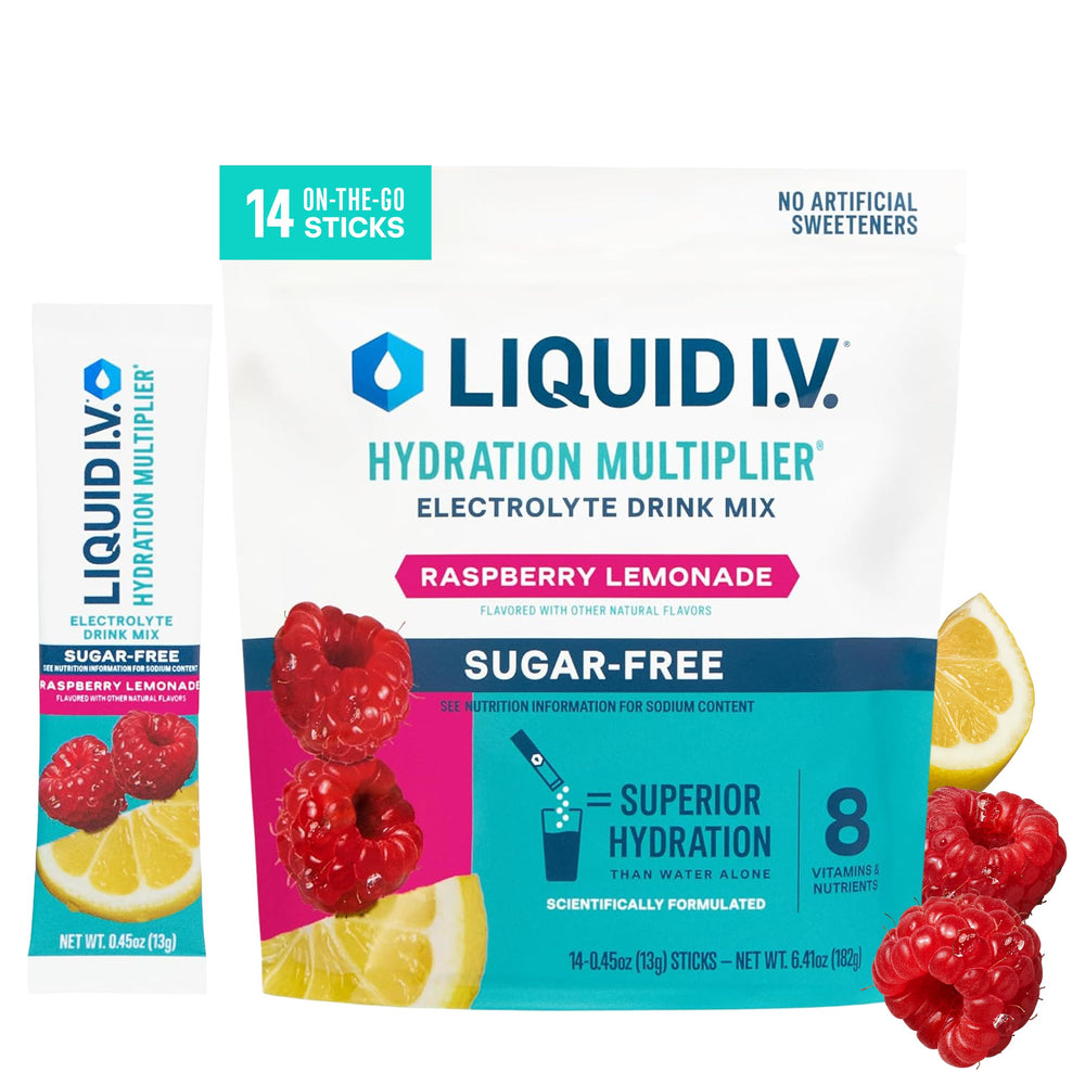 Liquid I.V. Raspberry Lemonade front box showing packaging and flavor benefit