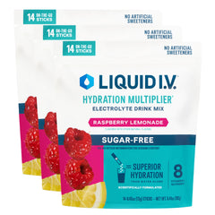 Liquid I.V. front box showing Raspberry Lemonade and quantity benefits