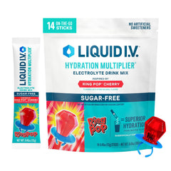 Liquid I.V. front packet showing Ring Pop Cherry flavor and convenient use