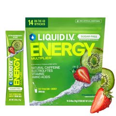 Liquid I.V. packet front view showing Strawberry Kiwi flavor and convenience