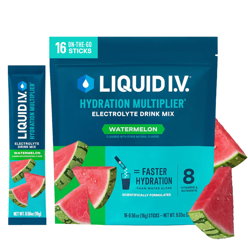 Liquid I.V. front box showing watermelon packets for easy hydration