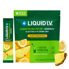 Liquid I.V. front packet showing yuzu pineapple flavor and quick hydration benefit