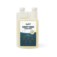 Liquified RV Toilet Treatment bottle front showing branding and benefits