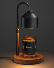 LISUNAR front view of black candle warmer lamp showing sleek shade and wood base for elegant scenting