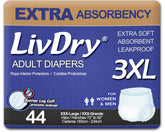 LivDry front packaging showing XXX-Large 44 count and absorbency benefits