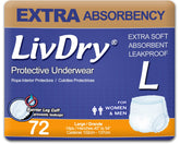 LivDry front pack view showing large 72-pack and discreet packaging benefit