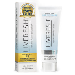 LIVFRESH front packaging showing gel tube and benefits for cleaner teeth
