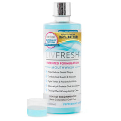 LIVFRESH front bottle showing peppermint burst and clinical claim benefits