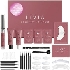 LIVIA front packaging and full kit spread showing easy at-home salon results